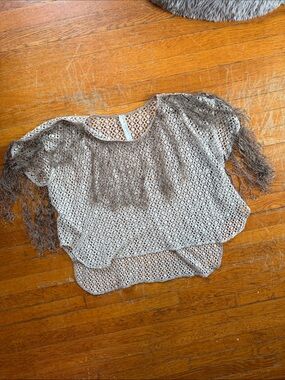 New Romantics Open-Knit Fringe Short-Sleeve Blouse in Taupe
